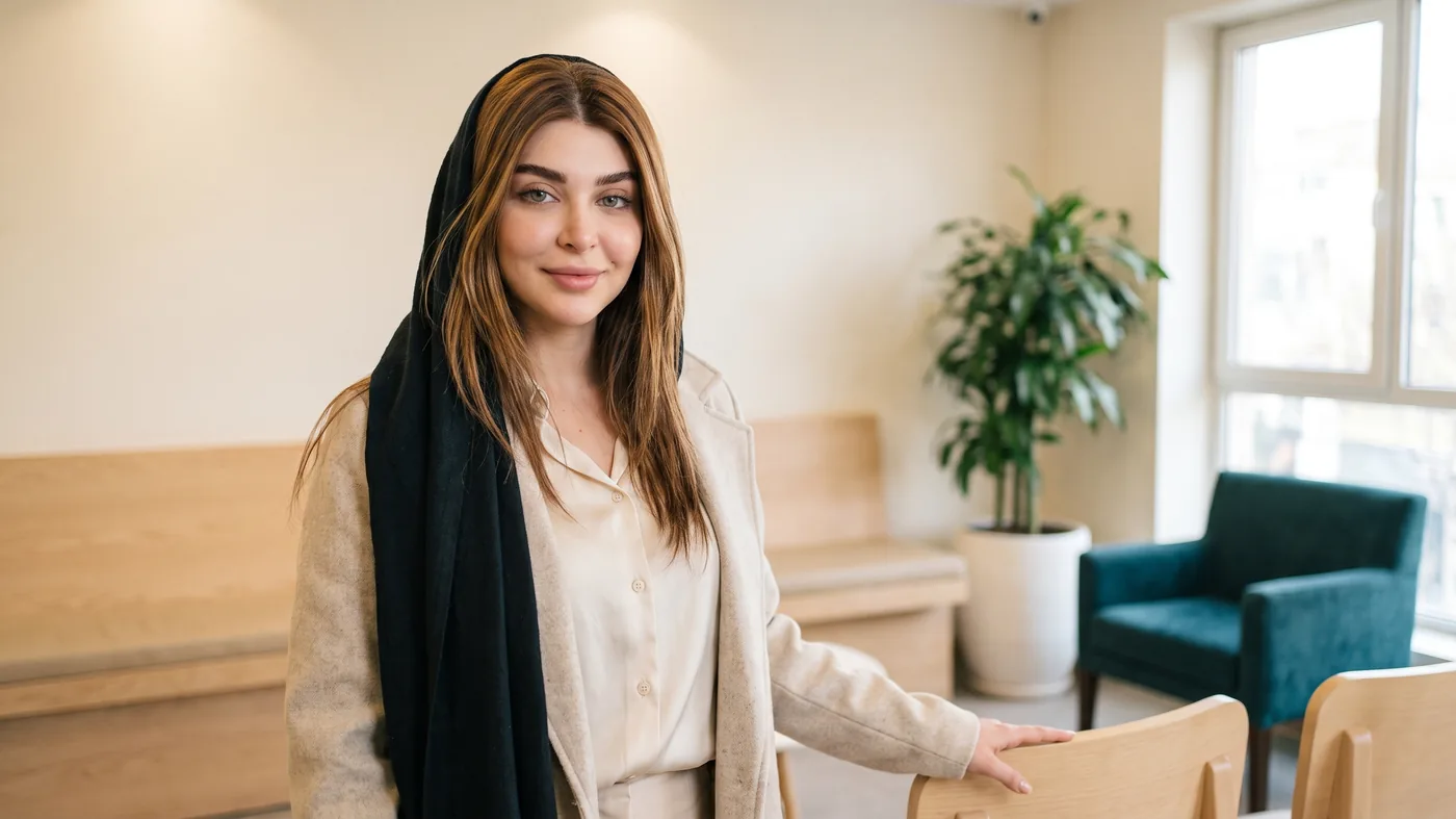 سالن انتظار روشن با مبل سبزآبی و نور طبیعی