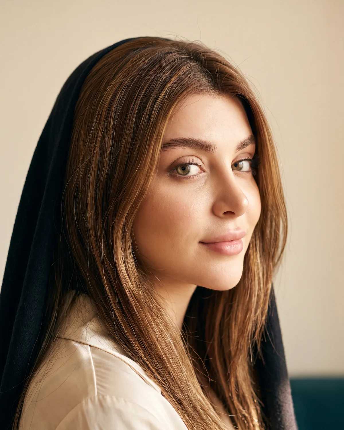 نمای سه‌رخ یک زن جوان با نور گرم طبیعی، خط بینی به‌روشنی دیده می‌شود